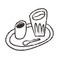 Tray with coffee cup and water glass, hand drawn doodle, illustration isolated on white background. Outline sketch style with grunge vintage texture. Cafe concept. vector