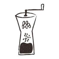 Coffee grinder, hand drawn doodle, illustration isolated on white background. Outline sketch style with grunge vintage texture. Cafe concept. vector