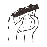 Sandwich in hands, hand drawn doodle, illustration isolated on white background. Outline sketch style with grunge vintage texture. Cafe and restaurant concept. vector