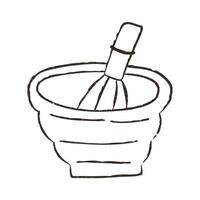 Matcha preparation bowl and bamboo whisk, hand drawn doodle, illustration isolated on white background. Outline sketch style with grunge vintage texture. Cafe and restaurant concept. vector