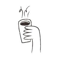 Hot beverage cup in hand, illustration isolated on white background. Outline sketch style with grunge vintage texture. Cafe concept. vector