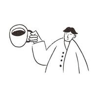 Man holds big cup of coffee, hand drawn doodle, illustration isolated on white background. Outline sketch style with grunge vintage texture. Cafe and restaurant concept. vector