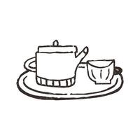 Teapot and tea cup on tray, illustration isolated on white background. Outline sketch style with grunge vintage texture. Cafe and bakery concept. vector