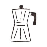 Moka pot for coffee making, hand drawn doodle, illustration isolated on white background. Outline sketch style with grunge vintage texture. Concept of cafe. vector