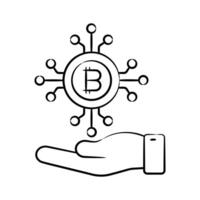 A hand holding digital bitcoin asset, hand drawn icon vector