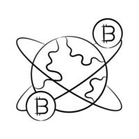 An editable hand drawn style icon showing global bitcoin vector