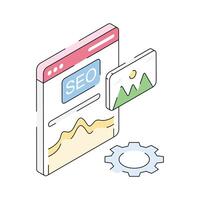 Premium isometric icon showing seo content optimization tool vector
