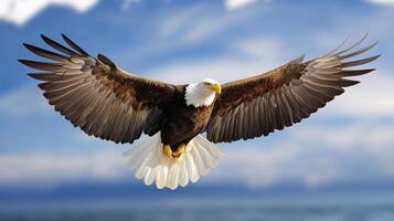 An American bald eagle soars majestically through a bright blue sky, wings fully extended photo