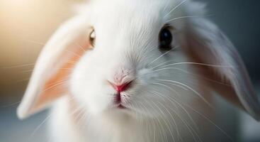 A close up of a white rabbit with its eyes open photo