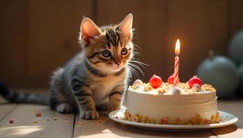 A kitten is in front of a birthday cake, looking at the flaming candles. photo