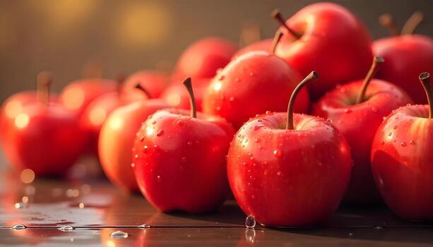The illustration of fresh red apples with water drops in a photo-realistic style. photo