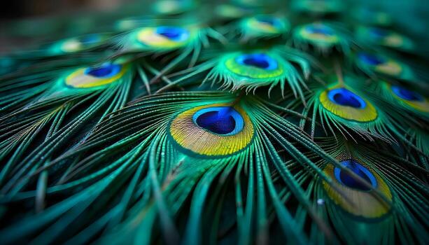 A macro shot showcases the iridescent feathers of a peacock, arranged in a dense, overlapping pattern. photo