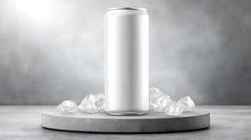 blank white beverage can with ice on concrete platform photo