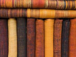 Colorful stack of woven fabric rolls in warm tones photo