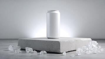 Minimalist white beverage can on concrete block with ice cubes photo