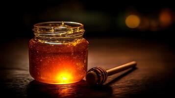 glowing jar of honey with honey dipper on wooden surface photo