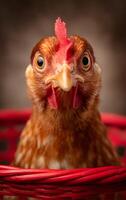 close up portrait of a curious brown hen with detailed feathers and bright eyes inside a red basket photo