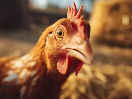 Close up of a brown hen chicken with detailed feathers and comb in natural farm setting photo