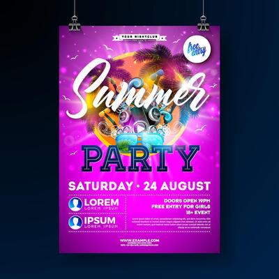 Summer Party Flyer Design Template with Flower, Speakers and Beach Holiday Elements on Pink Background. Summer Music Celebration Illustration with Palm Leaves for Banner, Invitation or