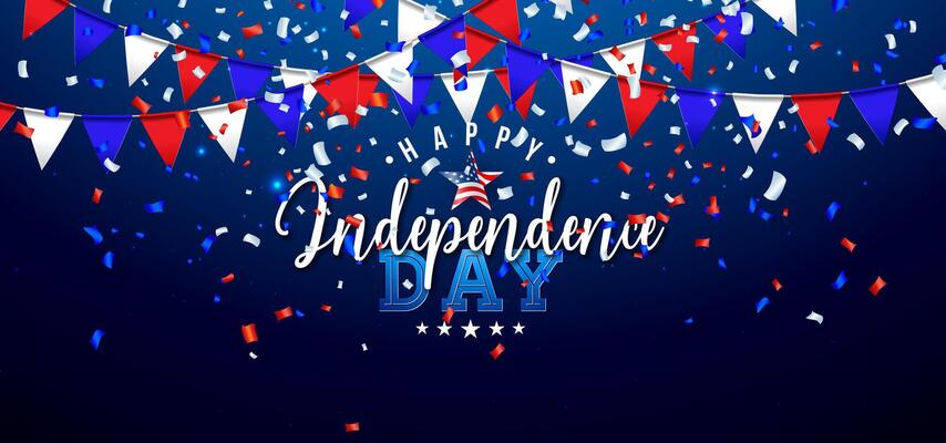 Fourth of July Independence Day Sale Banner Design with American Flag Pattern Party Flag on Night Sky Blue Background. 4th of July USA National Holiday Illustration with Typography Elements for
