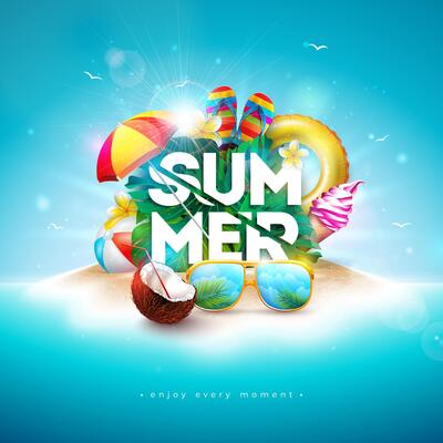 Summer Vacation Banner Design with Flower, Beach Holiday Elements and Typography Lettering Tropical Island Background. Illustration with Sunshine for Flyer, Invitation, Brochure, Poster or