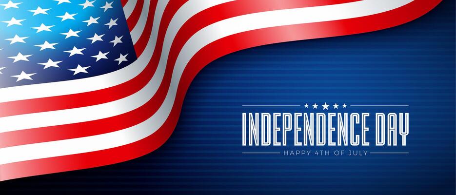 4th of July Independence Day of the USA Banner Illustration with American Flag, Gold Star and Falling Confetti on Blue Background. Fourth of July National Celebration Design with Typography Letter for