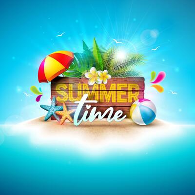Summer Time Holiday Banner Design with Flower, Beach Ball and Typography Lettering in Vintage Wood Board on Tropical Island Background. Vacation Illustration with Sunshine for Flyer, Invitation