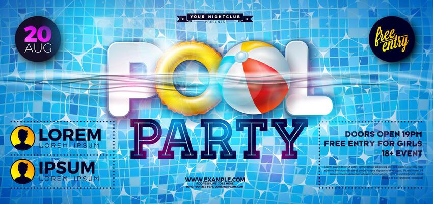 Pool Party Summer Banner Design Template with Beach Ball and Text Label on Underwater Blue Water Background. Summer Music and Dance Celebration Holiday Illustration with Tropical Palm Leaves