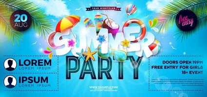 Summer Beach Party Banner Design with Flower, Beach Ball and Text Label on Tropical Palm Leaves Background. Summer Holiday Illustration with Exotic Palm Leaves and Typography Lettering for vector