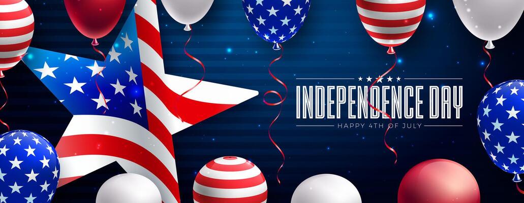 Fourth of July Independence Day Sale Banner Design with American Flag Pattern Party Balloon and Star Symbol on Blue Background. 4th of July USA National Holiday Illustration with Typography