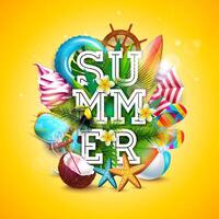 Summer Holiday Banner Design with Flower, 3d Text Label and Colorful Beach Elements on Sun Yellow Background. Tropical Typography Lettering Illustration with Beach Ball, Sunglasses and vector