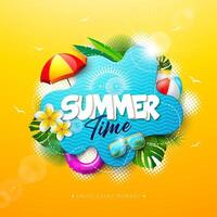 Summer Time Holiday Banner Design with Flower, 3d Text Label and Colorful Beach Elements on Sun Yellow Background. Tropical Typography Lettering Illustration with Beach Ball, Sunglasses and vector