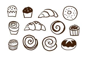 Set with pastries outline sketch on isolated background. Doodle with croissants, muffin, custard, cookies, French bakery, Design for cafe, menu, card, brochure. Hand drawn food illustration vector