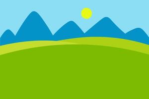Landscape banner with mountains, green grass field, sun, blue sky for text. Hand drawn summer abstract background horizontal illustration. Card border sunny weather, summertime, idyllic nature vector