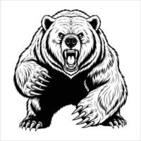 Illustration of an aggressive bear in a roaring stance, featuring intricate black line work on a white background. vector