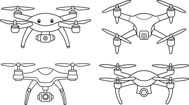 Cartoon drones in outlined form representing remote control flying devices vector