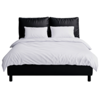 Luxurious Modern Bed with Black Pillows and Crisp White Bedding in Bright Interior png