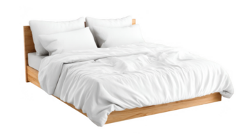Empty bed with white linens and wooden frame on transparent background png