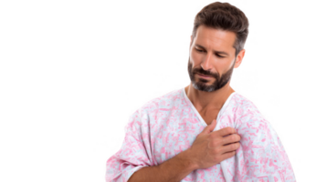 Patient feeling chest pain in hospital gown on transparent background png