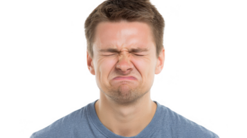 Man grimacing and squeezing his eyes shut on transparent background png