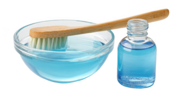 Disinfecting brush soaking in blue cleaning solution with transparent background png