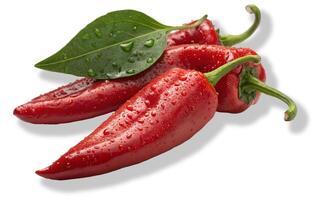 Closeup of Fresh Red Chili Peppers with Stems and Leaves Isolated on a Clean White Background photo