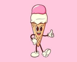 Groovy ice cream character in waffle cone. illustration for dessert mascot, vintage sweet shop and nostalgic design vector