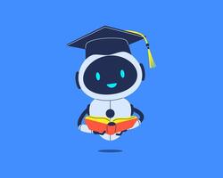 Smiling robot in graduation cap with book. illustration for education, AI assistant or student chatbot vector