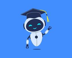Smiling robot in graduation cap waving hello. illustration for education, AI assistant or student chatbot vector