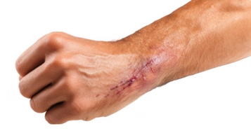 Close up of healing abrasion on man's arm with transparent background png