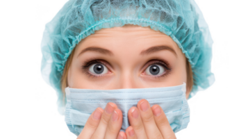 Doctor wearing surgical mask and cap making nervous expression on transparent background png