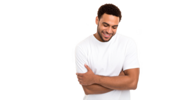 Young man smiling and crossing arms on transparent background png