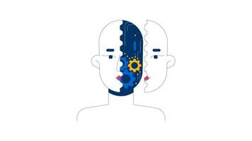 Human head split open to reveal mechanical gears circuits 2D character animation. Cogs rotating. Artificial intelligence integration animated person cartoon 4K isolated on white transparent video