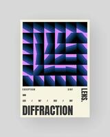 Retro-futuristic and abstract poster design. Geometric glass refraction and distortion gradient. Purple light vector